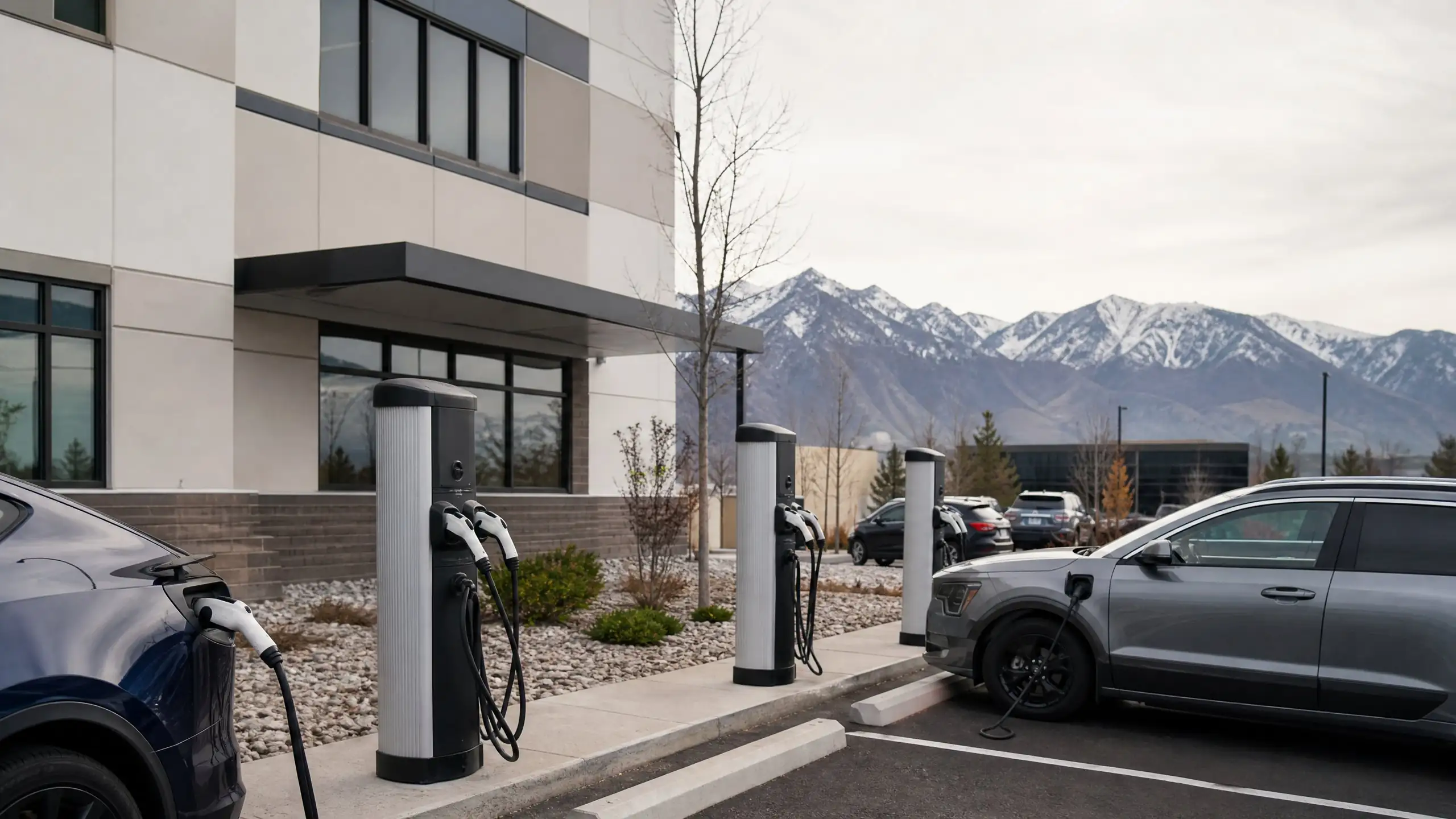 Pedestal-mounted Level 2 chargers serving several parking spaces in an employee lot