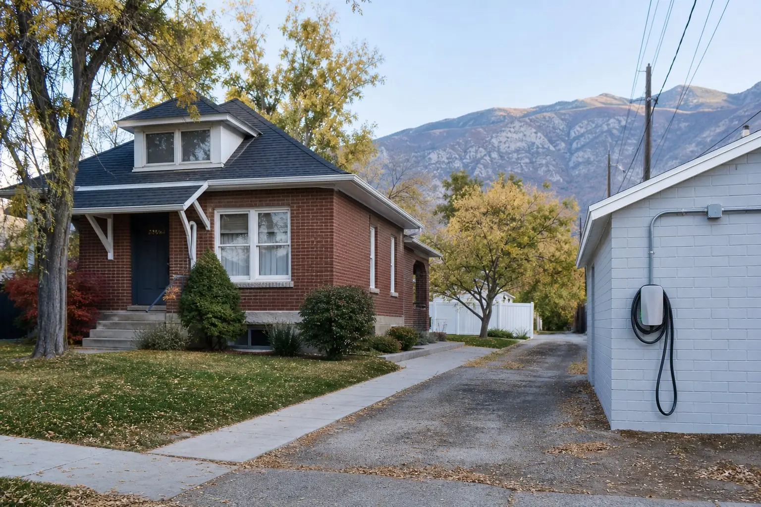 Older brick home with a detached garage at the end of a long driveway
