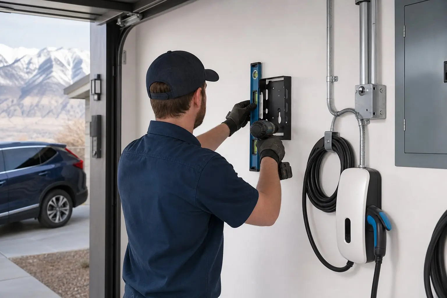 Electrician mounting a Level 2 EV charger bracket on a garage wall