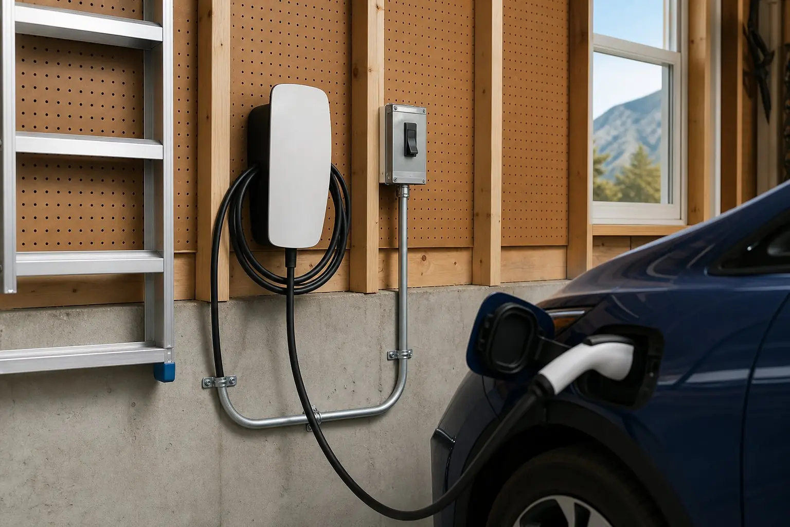 Hardwired EV charger on a garage wall fed by neatly run metal conduit