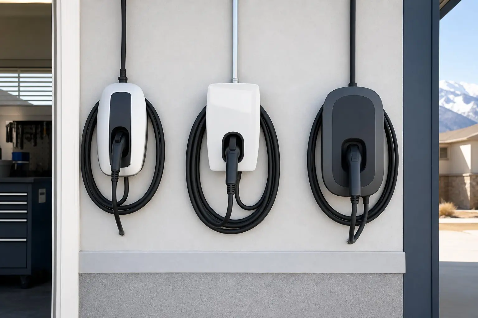 Several wall-mounted Level 2 EV chargers with coiled cables on a garage wall