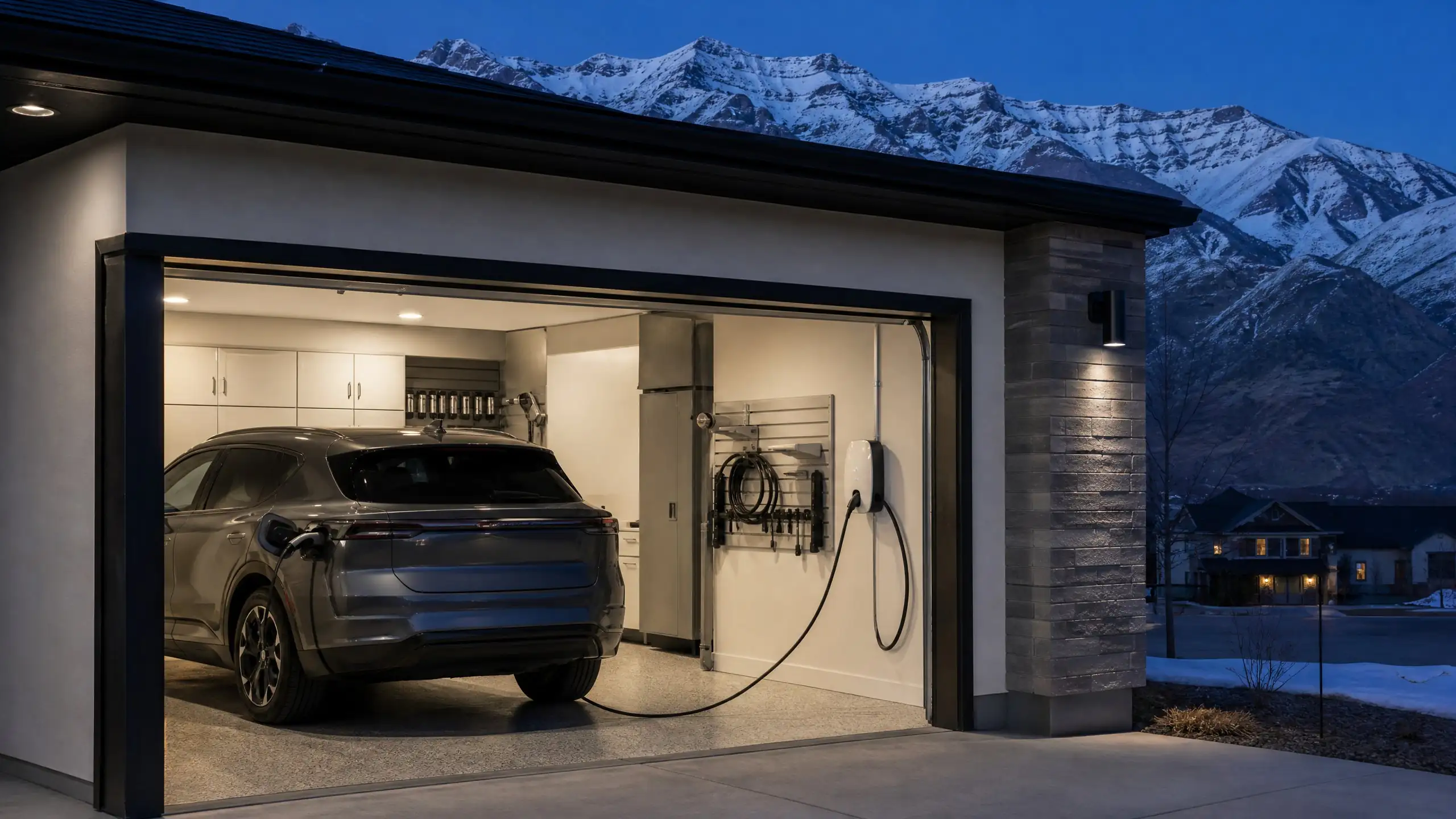 Electric car charging from a wall-mounted Level 2 charger in a home garage