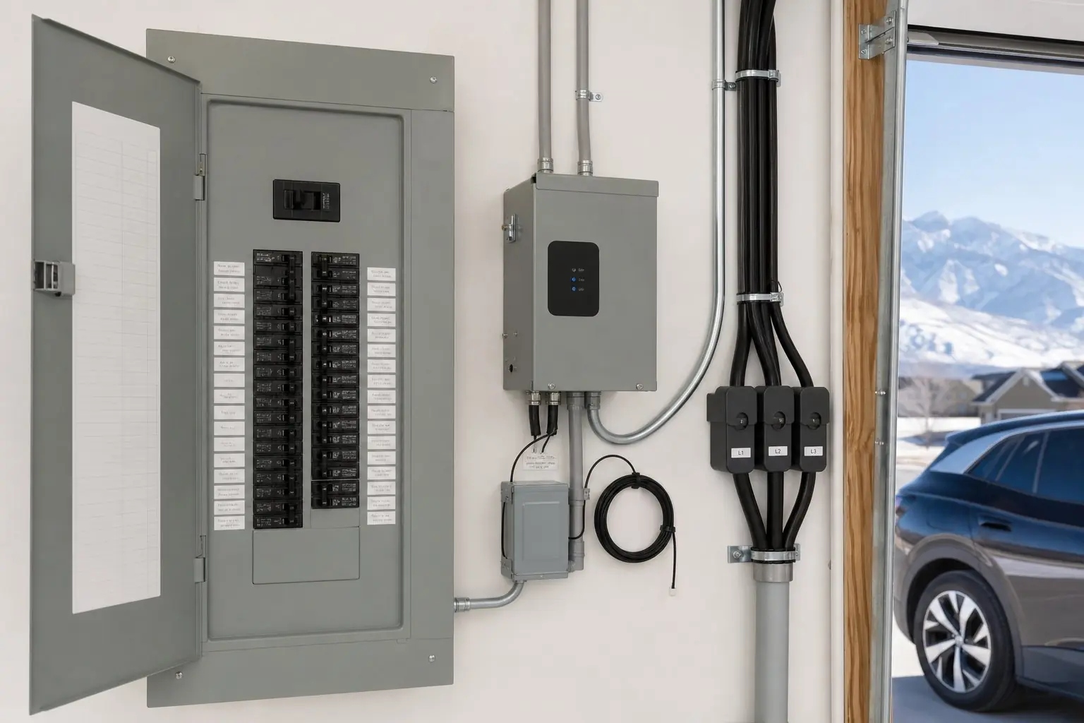 Small energy monitoring module mounted beside a residential electrical panel