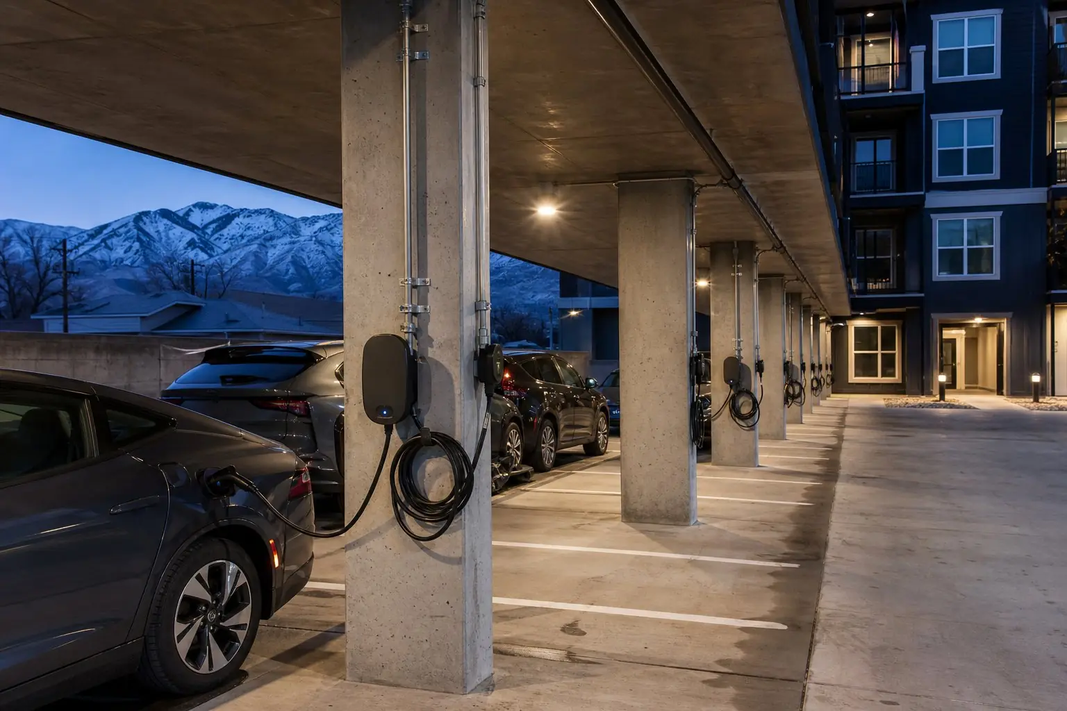Assigned parking spaces at an apartment building with wall-mounted EV chargers