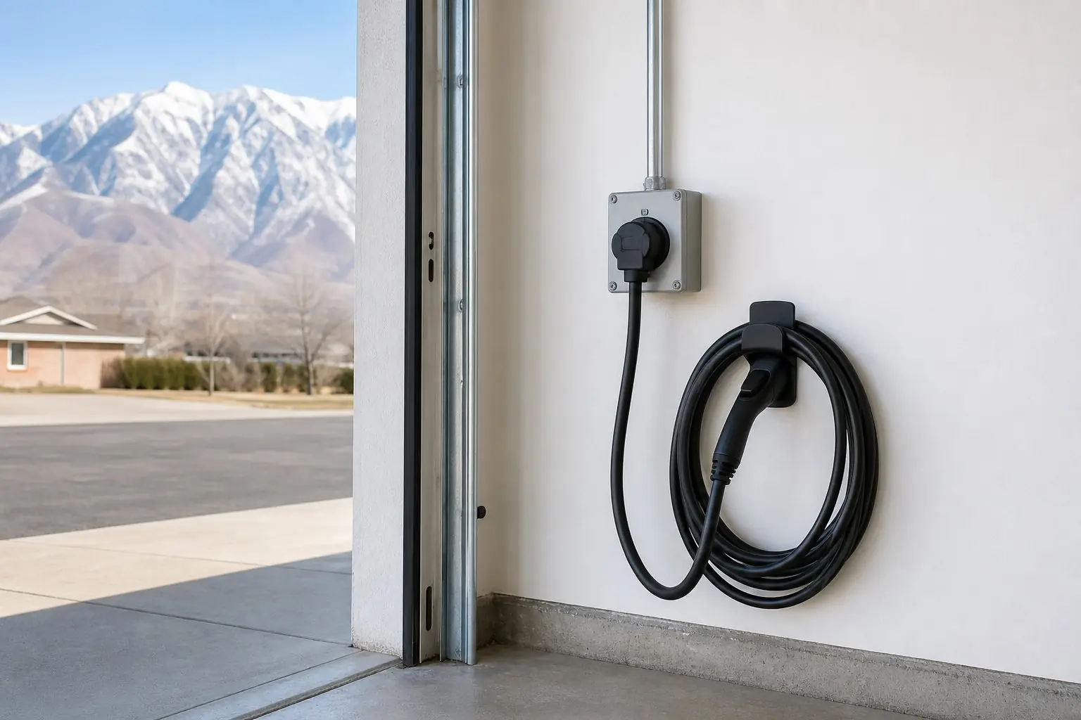 NEMA 14-50 receptacle mounted on a garage wall for a plug-in EV charger