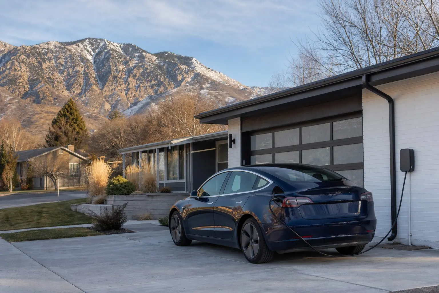 Electric car parked in the driveway of a home on a tree-lined residential street