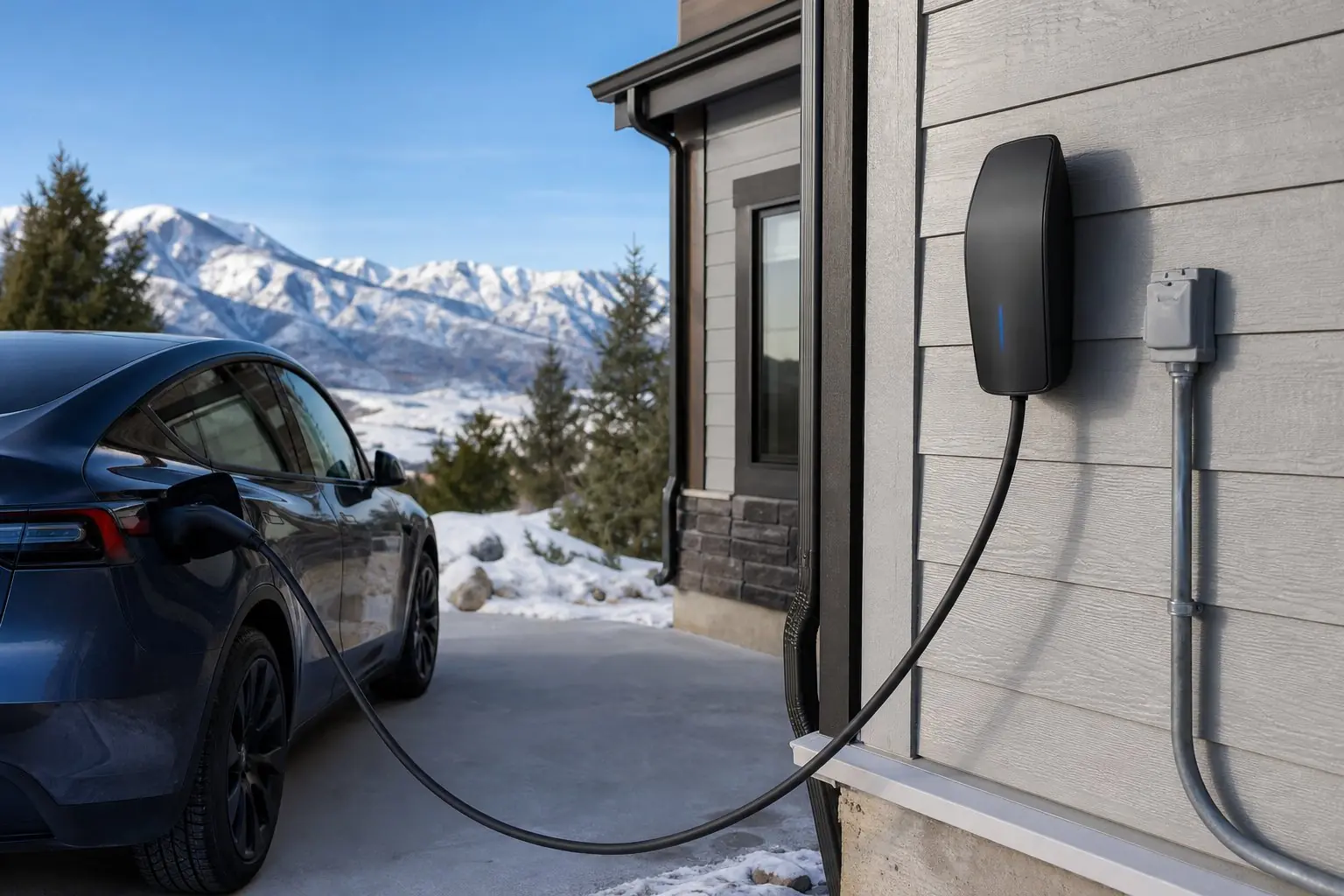 Wall-mounted EV charger on a home's exterior with snow on the ground and mountains behind