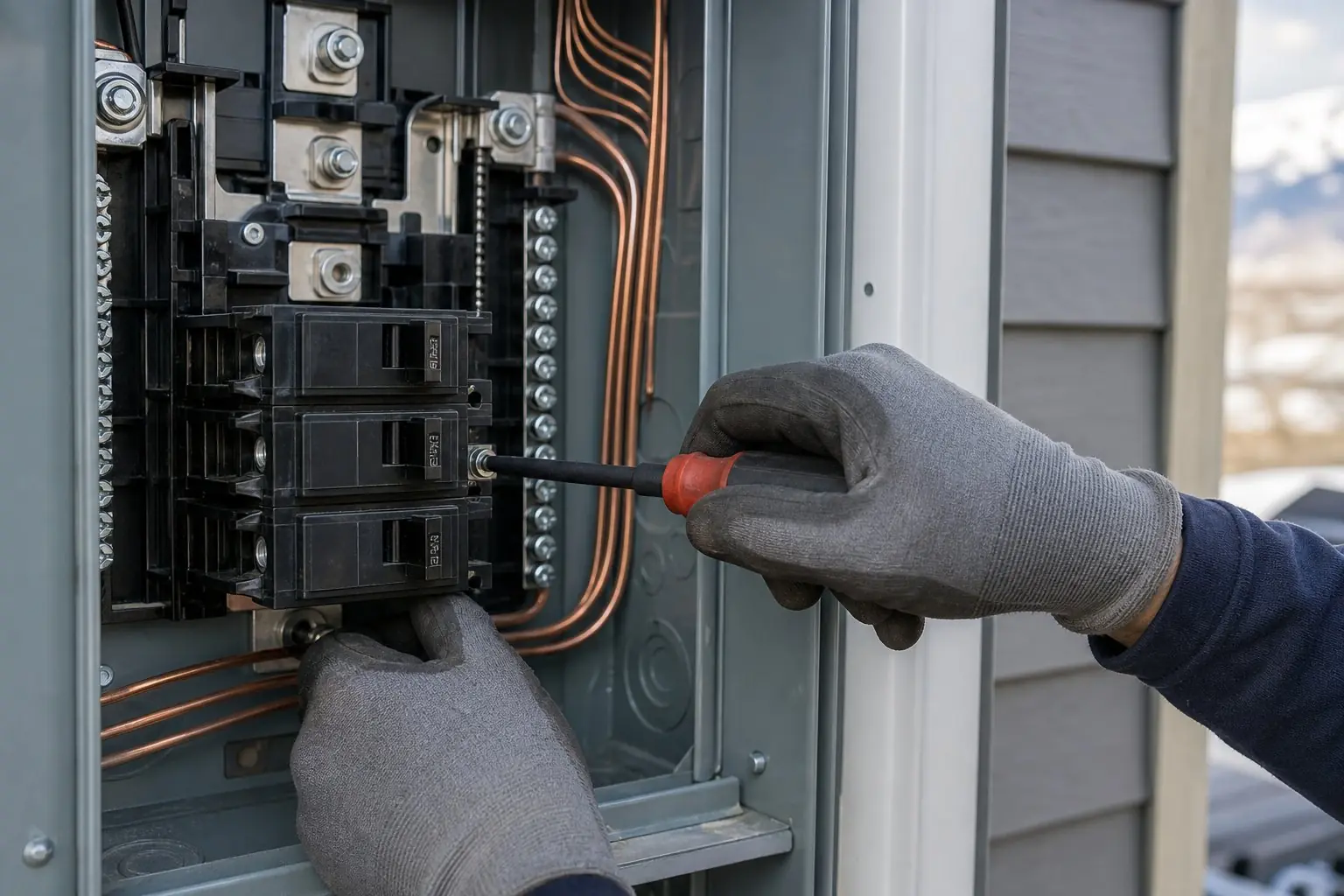 Open residential electrical panel with labeled breakers and a two-pole breaker for a charging circuit