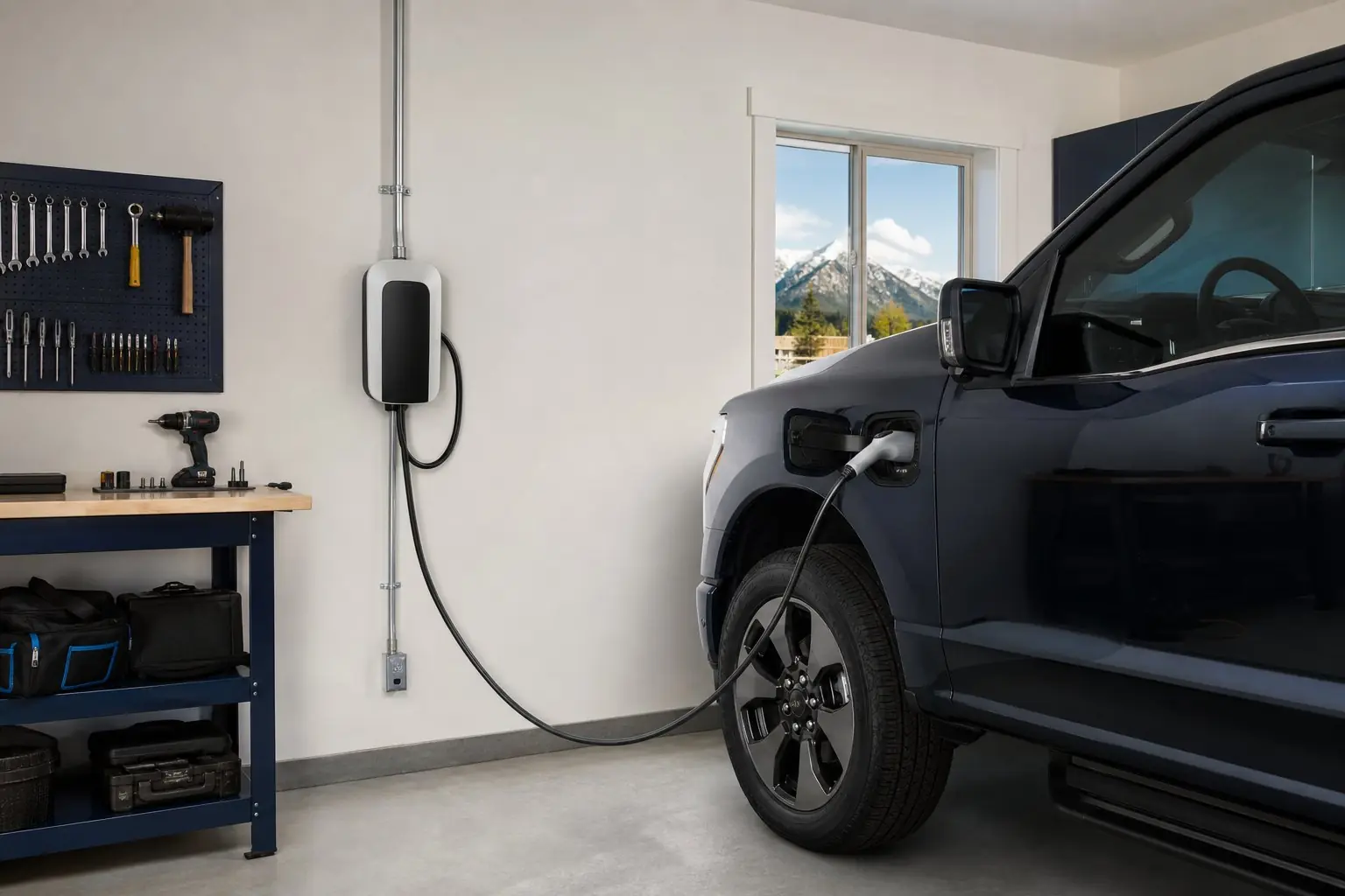 Electric pickup truck plugged into a wall charger inside a home garage