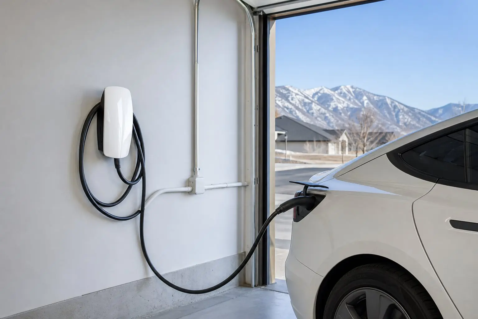 Wall-mounted EV charger with an integrated cable plugged into a sedan in a clean garage